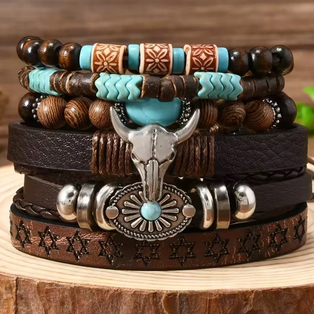 Western Men's Brown and Turquoise  leather 6x bracelet set